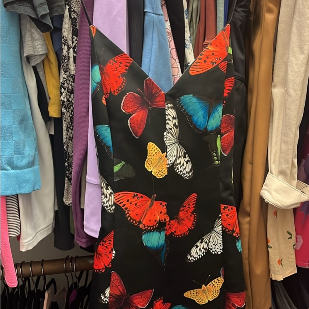 Alice + Olivia Black Dress with Red and Blue Butterflies